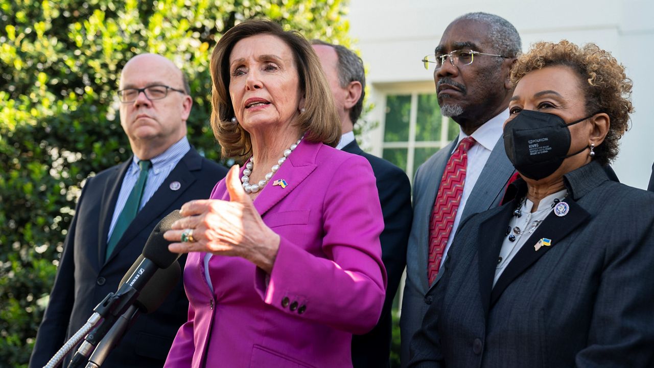 House Speaker Nancy Pelosi of Calif., with Rep. James McGovern, D-Mass., left to right, Rep. Greg Meeks, D-N.Y. and Rep. Barbara Lee, D-Calif., and other members of the Congressional delegation that recently visited Ukraine, speaks to reporters outside the West Wing of the White House following a meeting with President Joe Biden, Tuesday, May 10, 2022, in Washington. (AP Photo/Manuel Balce Ceneta)
