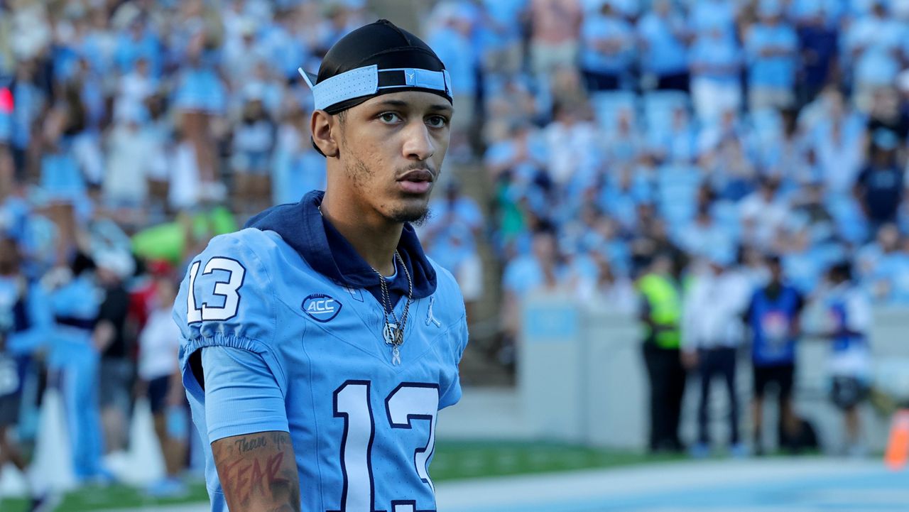 North Carolina wide receiver Tylee Craft (13) walks to the bench during an NCAA college football game against Minnesota, Sept. 16, 2023, in Chapel Hill, N.C. (AP File Photo/Reinhold Matay)