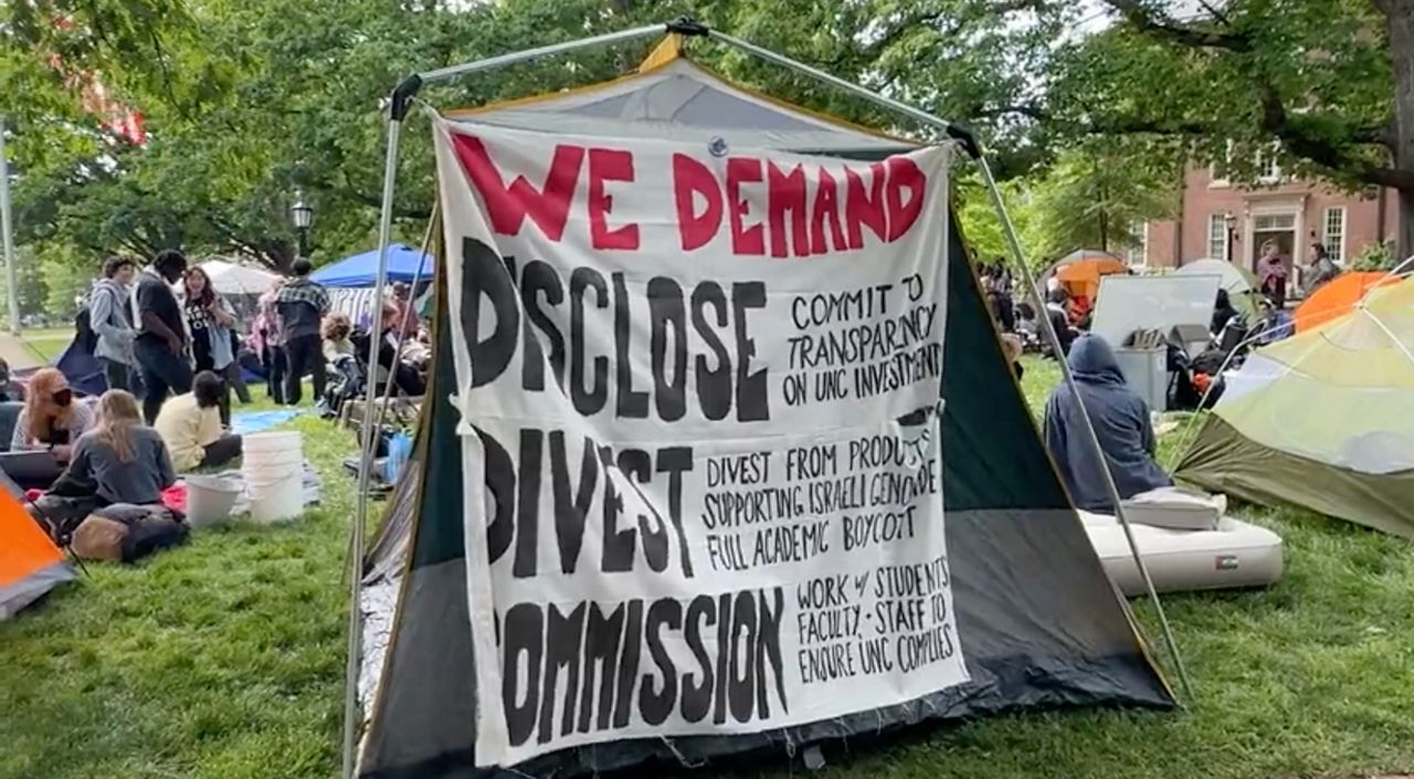 Pro-Palestinian students at UNC-Chapel Hill briefly set up a tent encampment to protest Israel’s military offensive in the Gaza Strip. (Spectrum News 1)