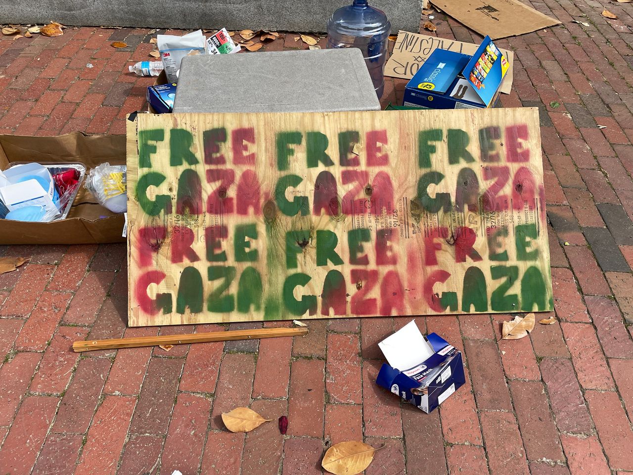 A sign in the quad at UNC, where pro-Palestinian protesters have been camped out for days (Spectrum News 1/Sophia Fanning)