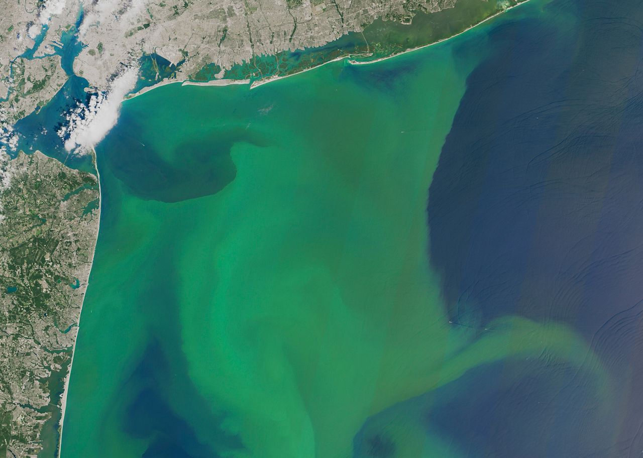 Satellite imagery of a large algae bloom off the coast of New York and New Jersey in August, 2015