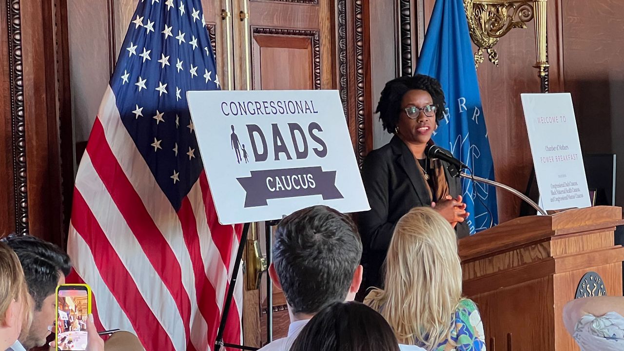 Rep. Lauren Underwood addresses a group at the Library of Congress Thursday, talking about her efforts to pass the Momnibus as Black Maternal Health Week kicks off. (Spectrum News/Cassie Semyon)