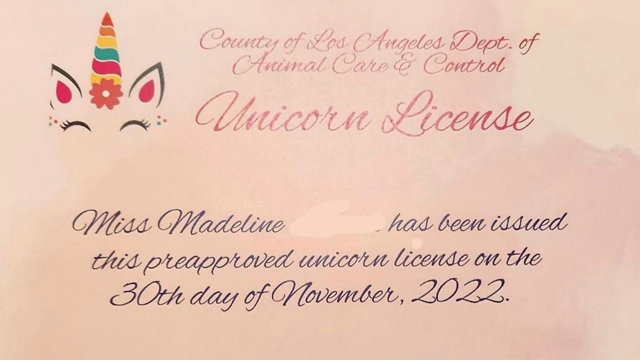 This image released by the Los Angeles County Animal Care and Control shows an "unicorn license," after a young girl requested permission to have a unicorn in her backyard, if she could find one. (Los Angeles County Animal Care and Control via AP)