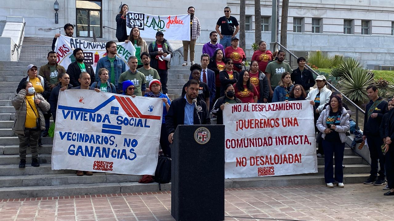 LA City Councilmember Hugo Soto-Martinez speaks at a rally for social housing Wednesday outside City Hall.