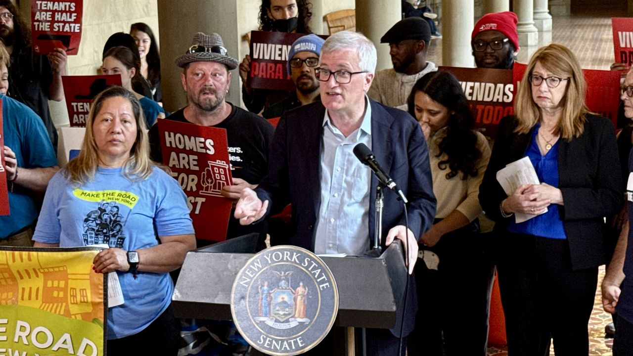 Senate Housing Committee chair Brian Kavanagh advocating in the Capitol on Wednesday to advance his bill that would make it easier for upstate communities to opt into rent stabilization. Kate Lisa/Spectrum News 1 photo