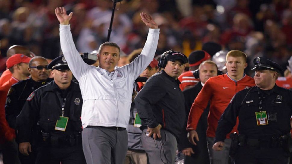 Ohio State head coach Urban Meyer celebrates after their win against Washington during the Rose Bowl NCAA college football game Tuesday, Jan. 1, 2019, in Pasadena, Calif. Ohio State won 28-23. 