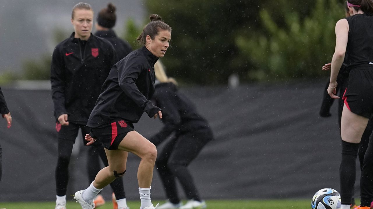 The United States' Kelley O'Hara, front left,, takes part in drills Friday during practice for the FIFA Women's World Cup at Bay City Park in Auckland, New Zealand. (AP Photo/Abbie Parr)