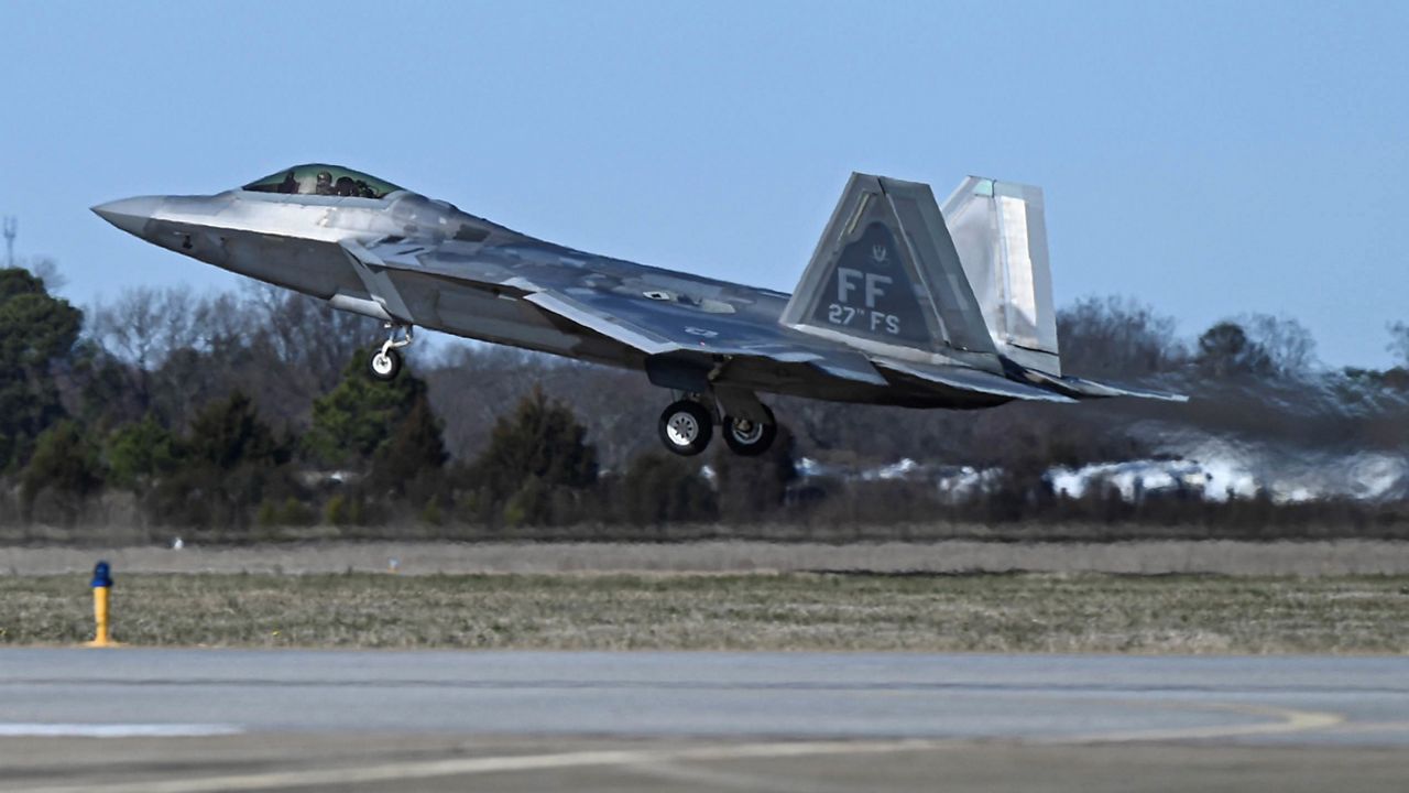 This photo provided by the U.S. Air Force shows a U.S. Air Force pilot taking off in an F-22 Raptor at Joint Base Langley-Eustis, Va., Saturday, Feb. 4, 2023. (Airman 1st Class Mikaela Smith/U.S. Air Force via AP)