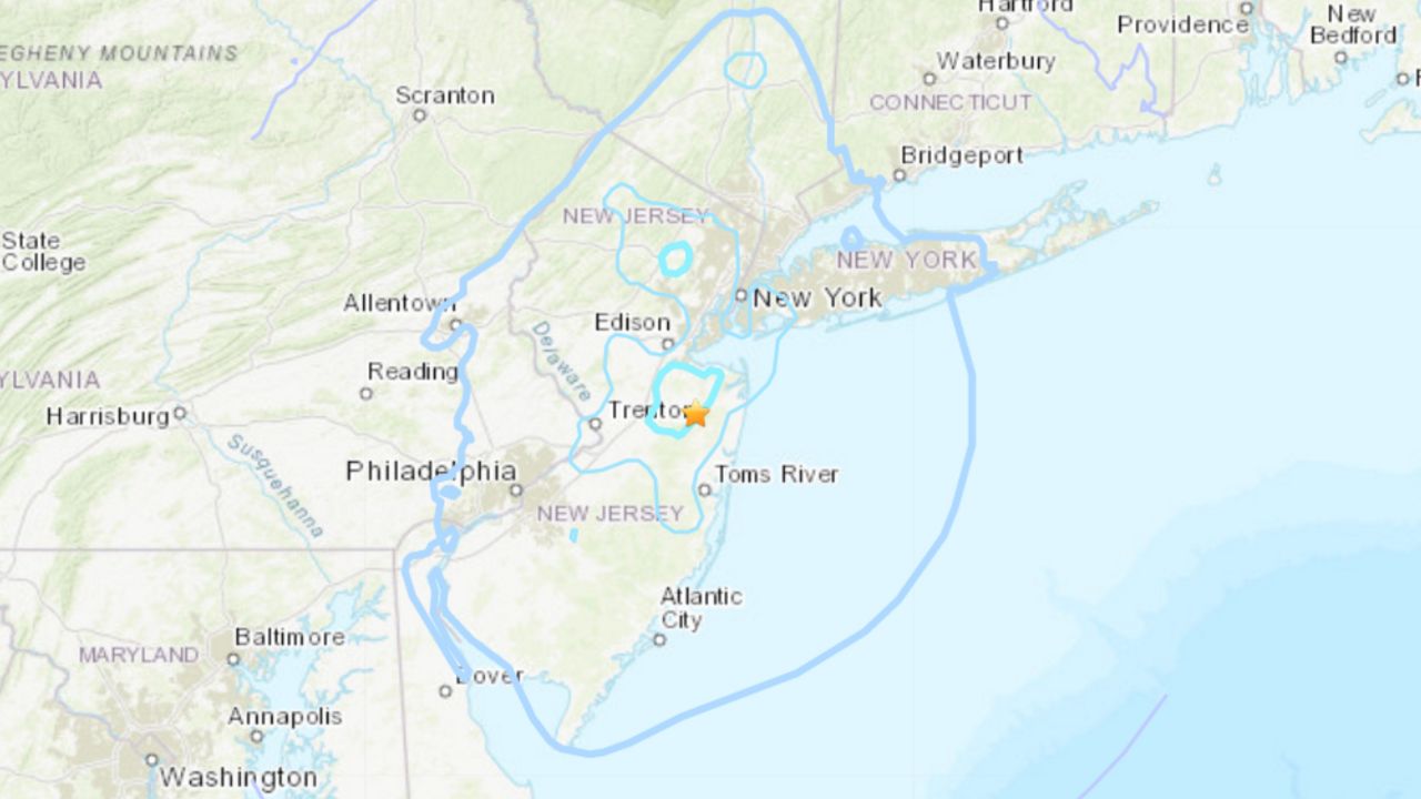 Computer generated map of Sept. 9, 2020 New Jersey earthquake impact (via USGS)