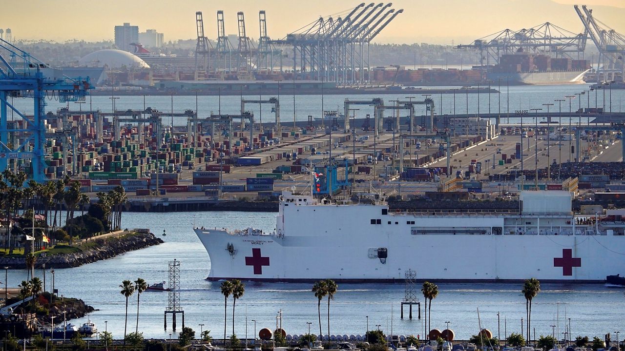 The USNS Mercy enters the Port of Los Angeles, March 27, 2020, in Los Angeles. (AP Photo/Mark J. Terrill, File)