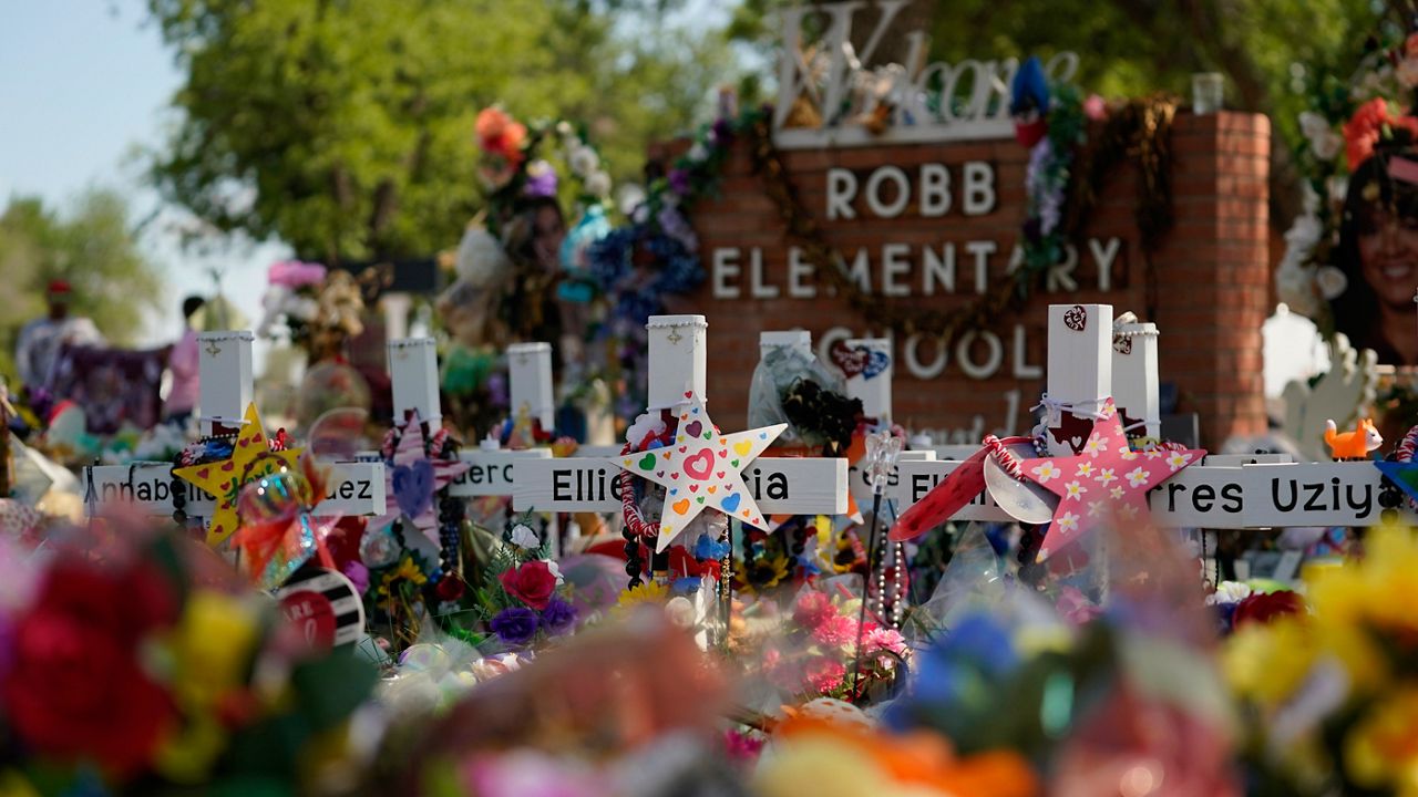 A memorial at Robb Elementary School in Uvalde, Texas, the site of a mass shooting on May 24, 2022, that claimed the lives of 19 students and two teachers. (AP Photo)