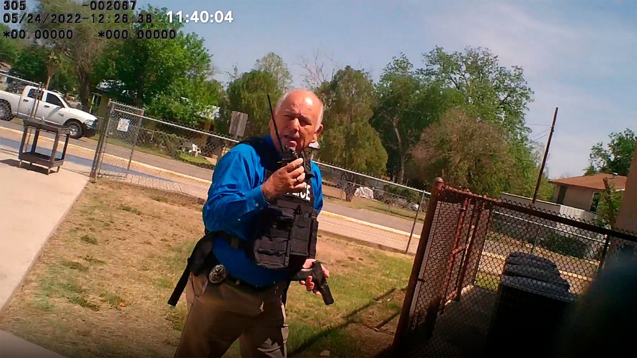 This image from video released by the City of Uvalde, Texas shows city police Lt. Mariano Pargas responding to a shooting at Robb Elementary School, on May 24, 2022 in Uvalde, Texas. Pargas was the acting chief for the city on the day of the shooting and was placed on administrative leave in July. (City of Uvalde via AP)