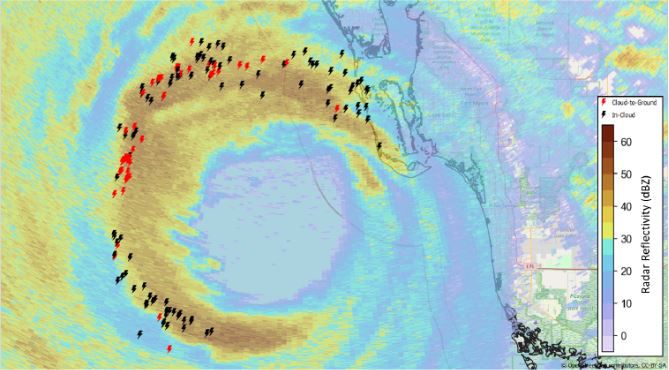 Lightning strikes ramped up in the eyewall as the Ian approached Southwest Florida. (Image by Vaisala)