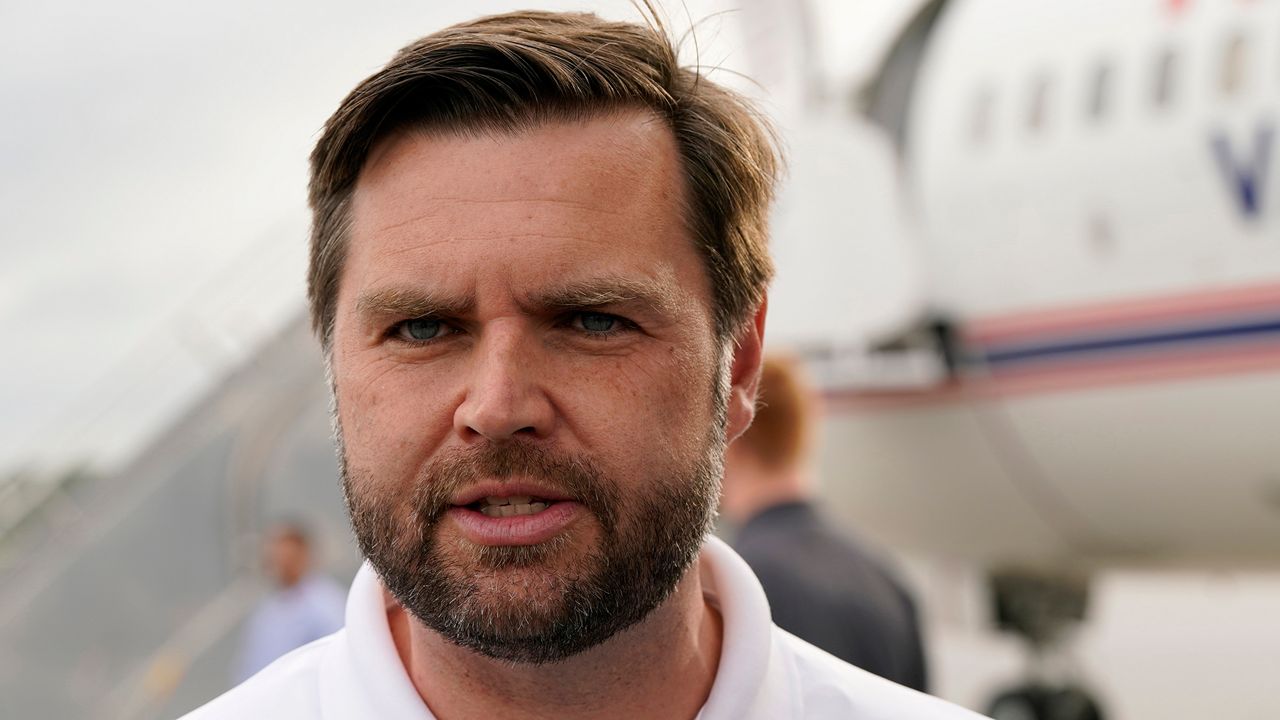 Republican vice presidential nominee Sen. JD Vance, R-Ohio, speaks to reporters before he departs Pitt-Greenville Airport following a campaign event in Greenville, N.C., Saturday Sept. 14, 2024. (AP Photo/Steve Helber)