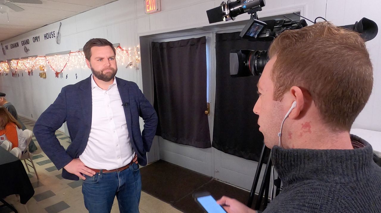 Ohio U.S. Senate candidate J.D. Vance (R) speaks with Spectrum News before a campaign event in Lebanon.