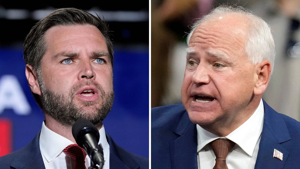 This combination of photos shows Republican vice presidential nominee Sen. JD Vance, R-Ohio, left, on Aug. 6, 2024, in Philadelphia, and Democratic vice presidential candidate Minnesota Gov. Tim Walz, Aug. 9, 2024, in Glendale, Ariz. (AP Photo)