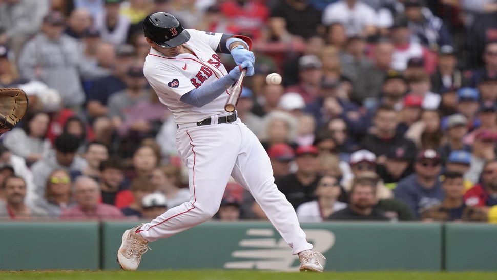 Boston Red Sox's Vaughn Grissom hits a double in the third inning of a baseball game against the Tampa Bay Rays, Sunday, Sept. 29, 2024, in Boston. (AP Photo/Steven Senne)