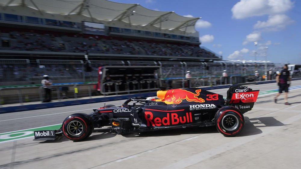 Red Bull driver Max Verstappen, of the Netherlands, pulls out of the pits during a practice session for the F1 US Grand Prix auto race at the Circuit of the Americas, Friday, Oct. 22, 2021, in Austin, Texas. (AP Photo/Darron Cummings)