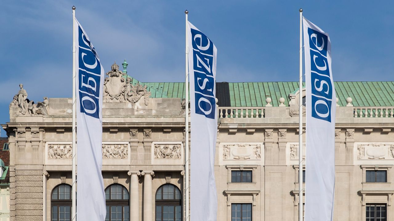 Flags wave in the wind in front of the entrance of the Permanent Council of the Organization for Security and Cooperation in Europe on Feb. 15, 2022.