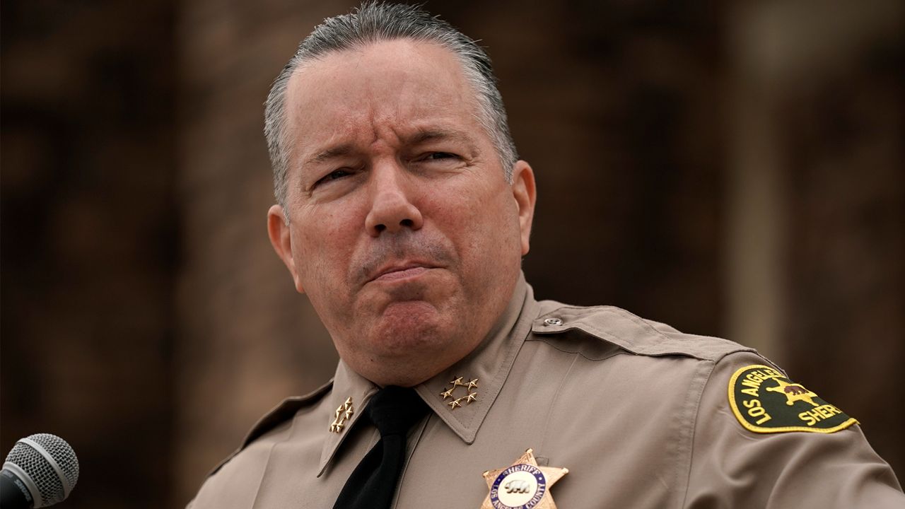 Los Angeles County Sheriff Alex Villanueva speaks during a news conference regarding the ongoing protests over the death of Dijon Kizzee in LA, Sept. 10, 2020. (AP Photo/Jae C. Hong)