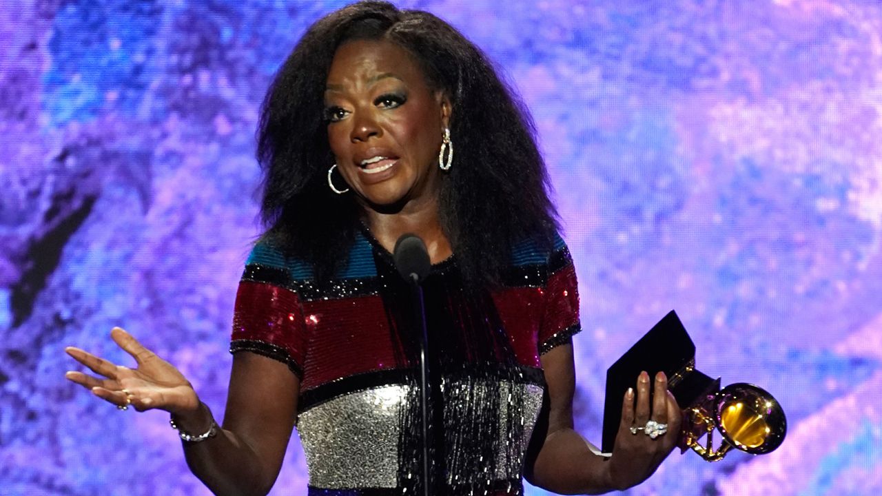 Viola Davis accepts the award for best audio book, narration, and storytelling recording for "Finding Me: A Memoir" at the 65th annual Grammy Awards on Sunday, Feb. 5, 2023, in Los Angeles. (AP Photo/Chris Pizzello)