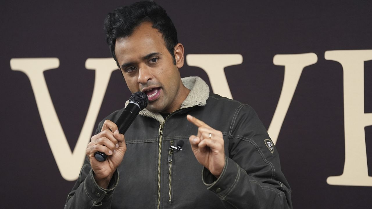 Republican presidential candidate businessman Vivek Ramaswamy speaks at a campaign event, Friday, Jan. 12, 2024, in Des Moines, Iowa. (AP Photo/Abbie Parr)