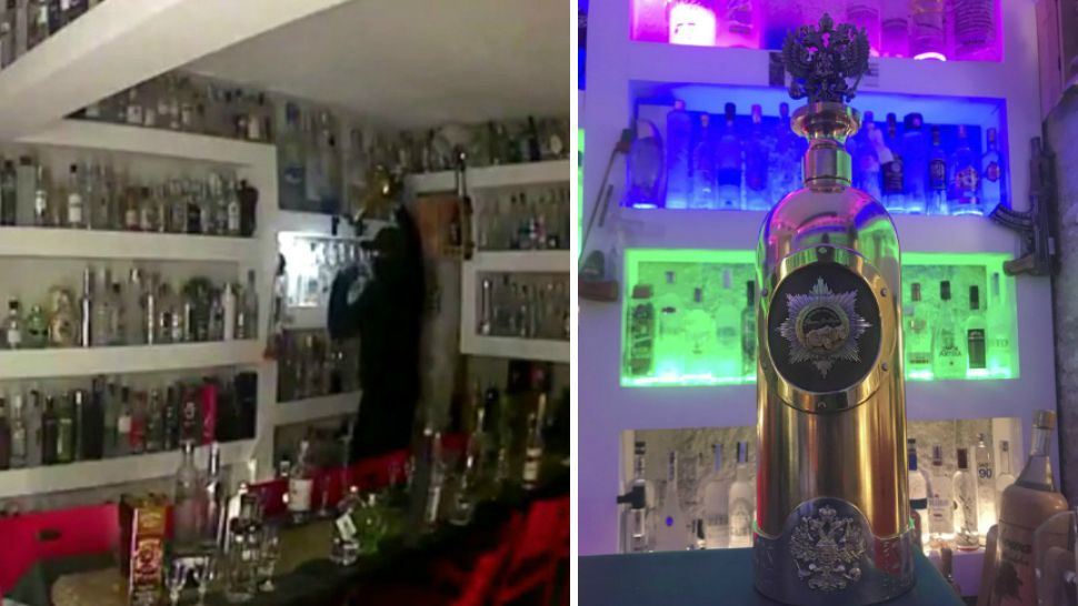 Left image shows a man stealing a bottle of vodka from Cafe 33 bar in Copenhagen on Jan. 2, 2018. (Brian Ingberg via AP)