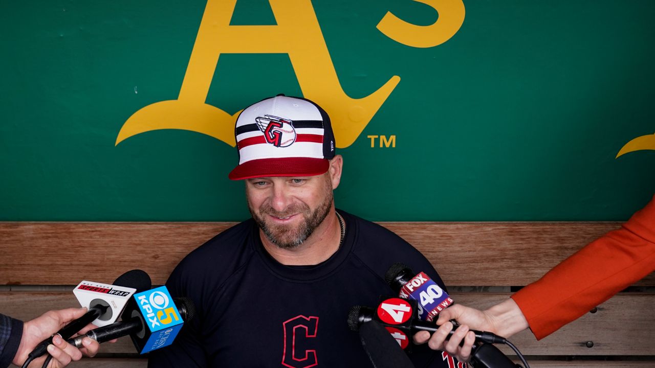 Cleveland Guardians manager Stephen Vogt speaks to reporters before the team's baseball game against the Oakland Athletics, Thursday, March 28, 2024, in Oakland, Calif. 