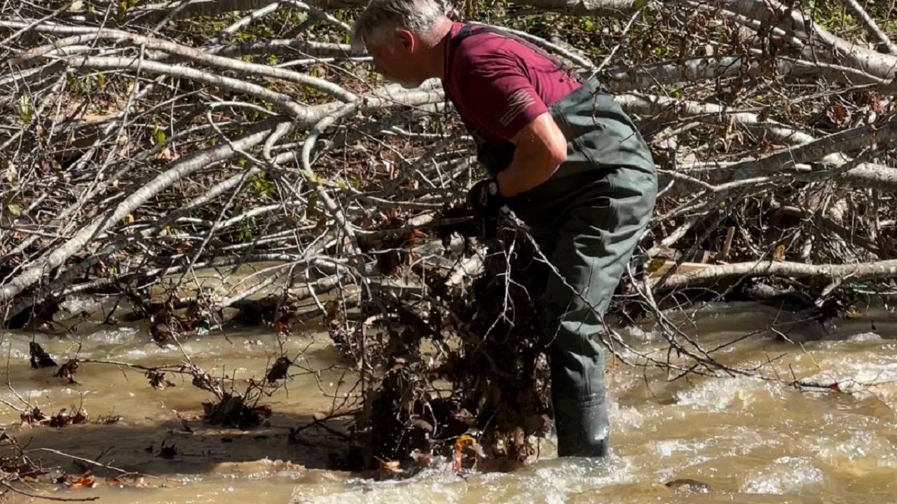 Volunteer Buck Thrailkill attempts to remove some debris from the river. (Spectrum News 1)