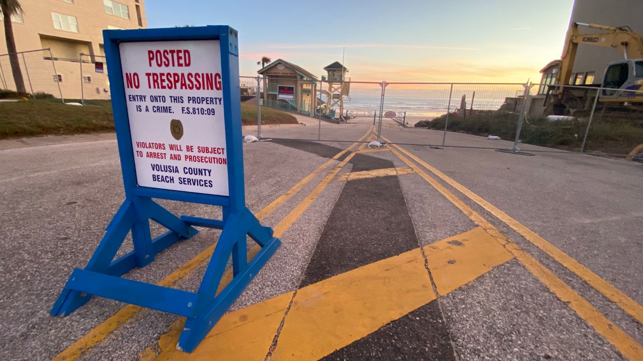 A beach entrance in the Wilbur-by-the-Sea community. (Spectrum News) in Volusia County remains closed following Hurricane Nicole. (Spectrum News 13/Will Robinson-Smith)