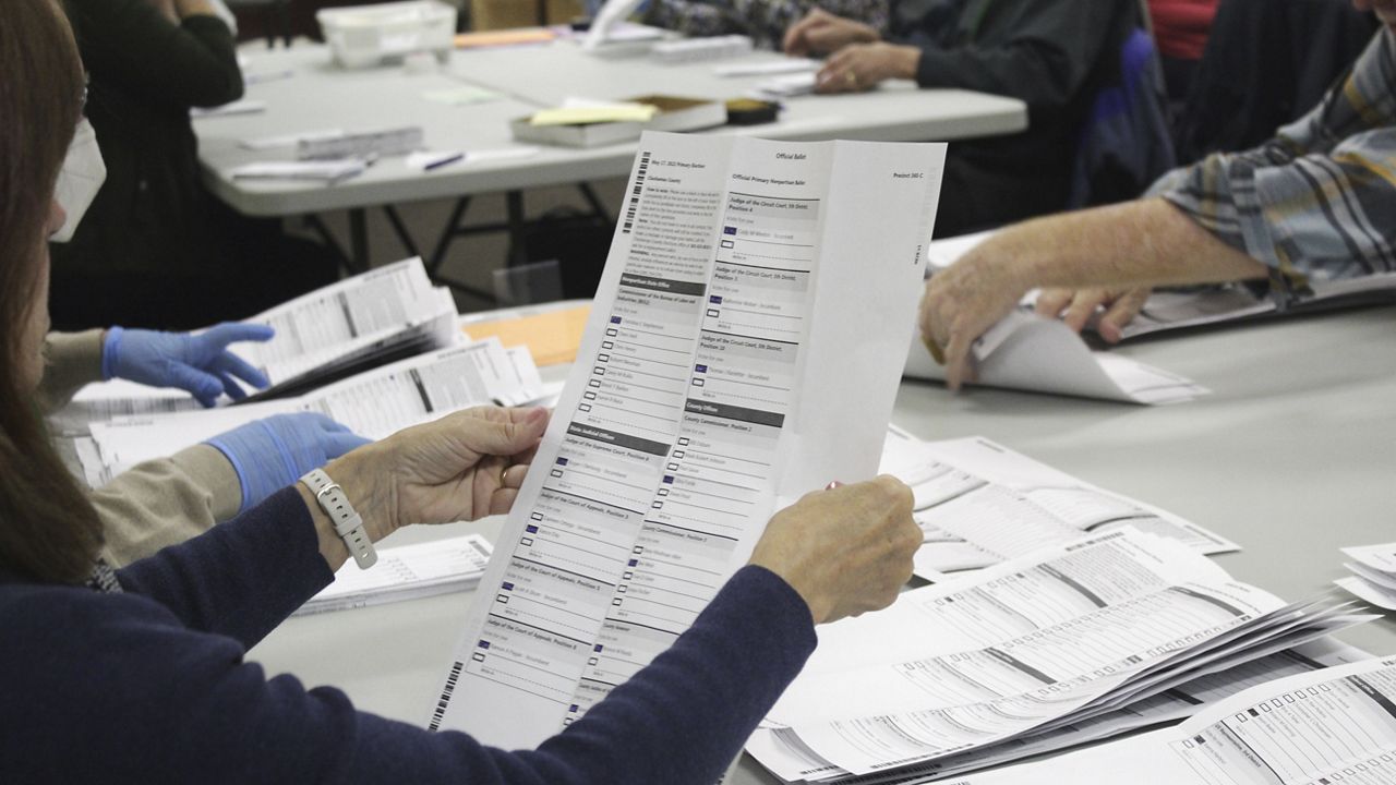 Washoe County election workers sort ballots at the Registrar of Voters Office in Reno, Nev., Tuesday, Oct. 29, 2024. (AP Photo/Tom R. Smedes)