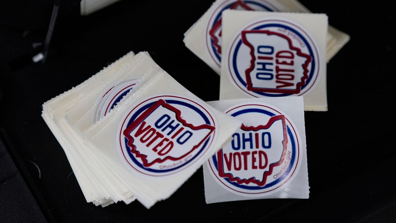 "Ohio Voted" stickers are seen during early in-person voting at the Hamilton County Board of Elections in Cincinnati, Wednesday, Oct. 11, 2023. (AP Photo/Carolyn Kaster)