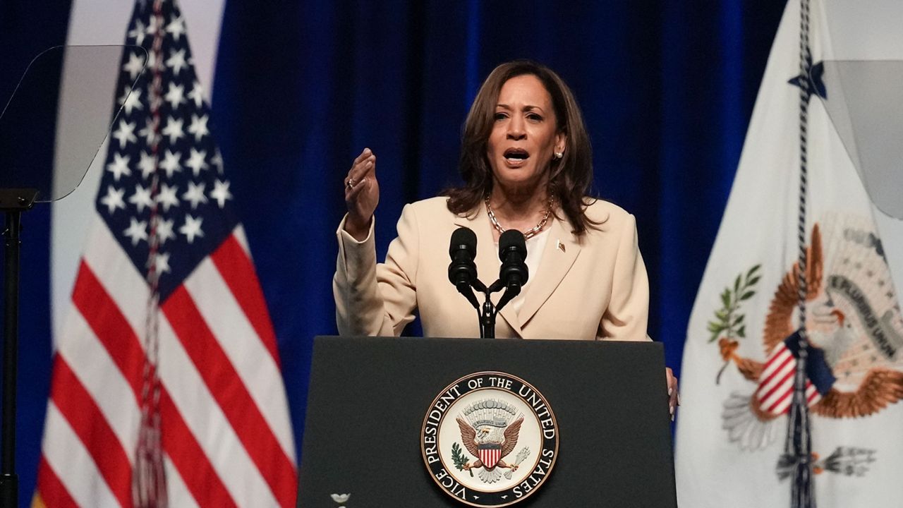 Vice President Kamala Harris speaks during the Zeta Phi Beta Sorority, Inc.'s Grand Boulé, Wednesday, July 24, 2024, in Indianapolis. (AP Photo/Darron Cummings)