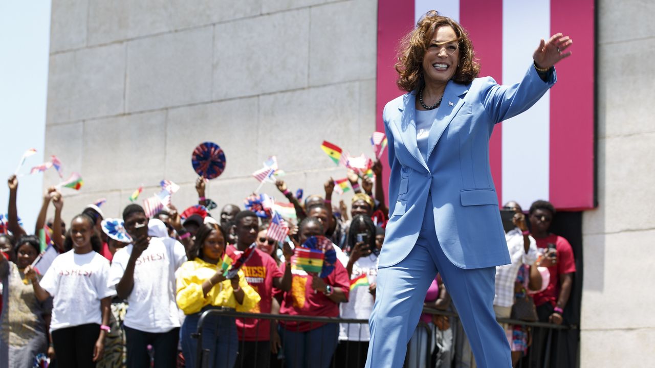 Vice President Kamala Harris waves as she arrives at Black Star square to address youths in Accra, Ghana, Tuesday March 28, 2023. (AP Photo/Misper Apawu, Pool)