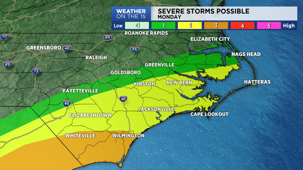 Strong to severe storms will be possible across southeastern North Carolina Monday morning.