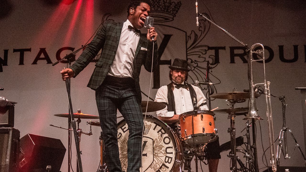 Ty Taylor, left, and Richard Danielson of Vintage Trouble perform at the Voodoo Music Experience in City Park on Saturday, Oct. 28, 2017, in New Orleans. (Photo by Amy Harris/Invision/AP)