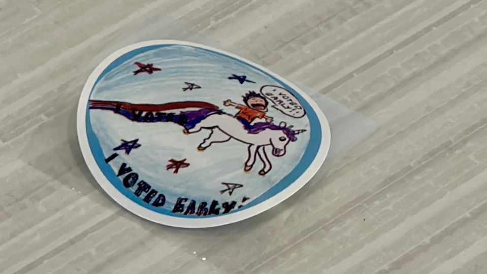 Shannon Fisher designed this Wake County early voting sticker. (Spectrum News 1/Patrick Thomas)