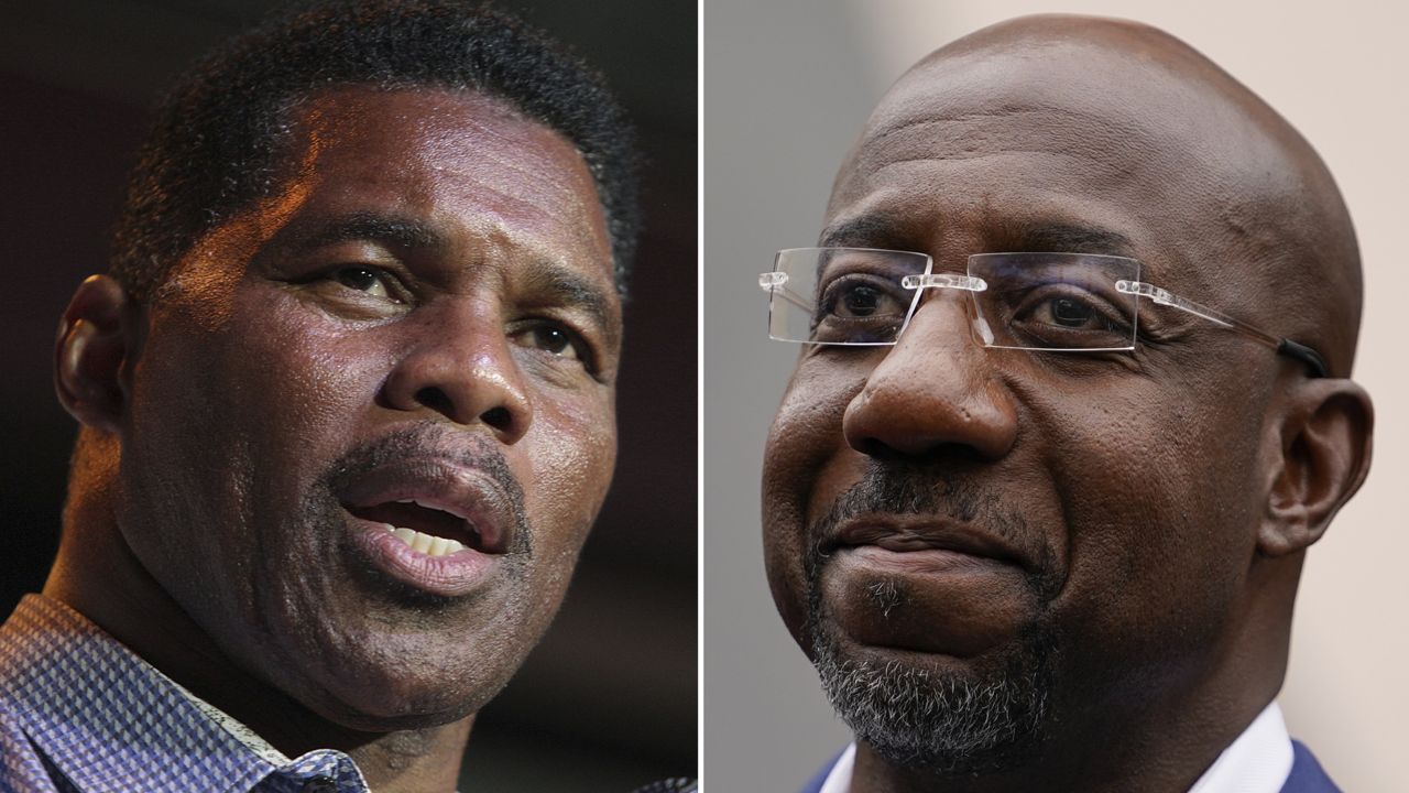 This combination of photos shows Herschel Walker, Republican candidate for U.S. Senate for Georgia, on May 23, 2022, in Athens, Ga., left, and Democratic nominee for U.S. Senate Sen. Raphael Warnock on Nov. 10, 2022, in Atlanta. (AP Photo/Brynn Anderson)