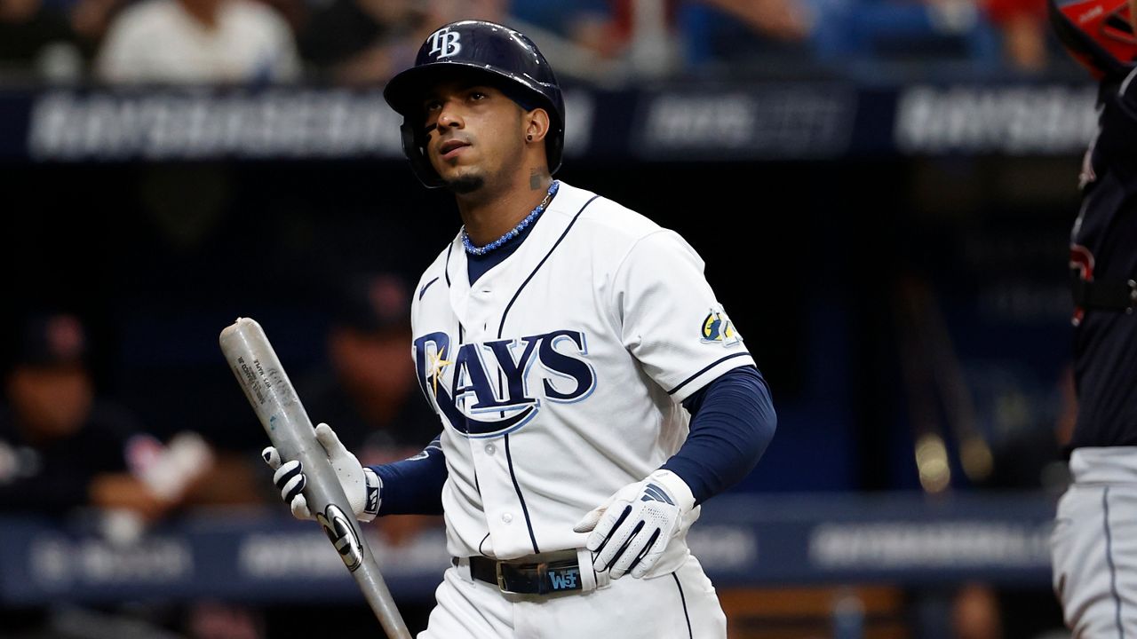 Tampa Bay Ray's Wander Franco walks back to the dugout after striking out against the Cleveland Guardians during a baseball game Saturday, Aug. 12, 2023, in St. Petersburg, Fla. (AP Photo/Scott Audette)