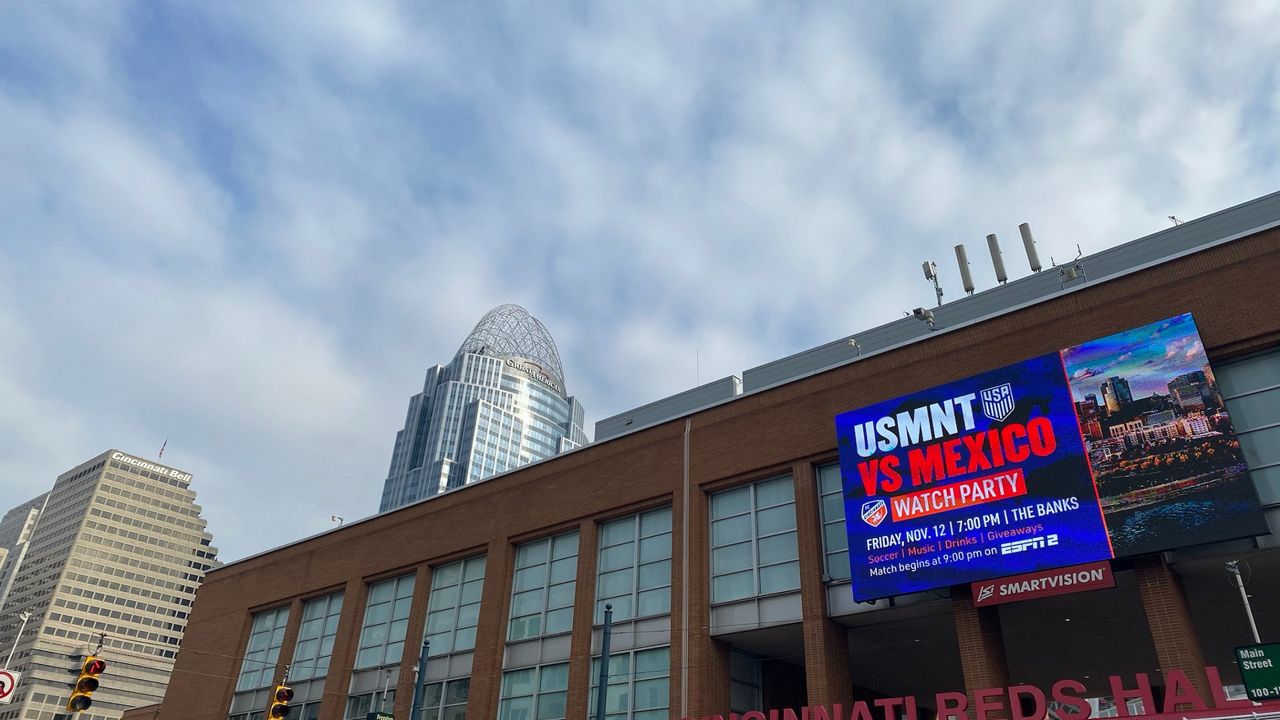 A sign noting the Watch Party at The Banks for the USA/Mexico soccer match on Nov. 12, 2021 at TQL Stadium (Spectrum News)