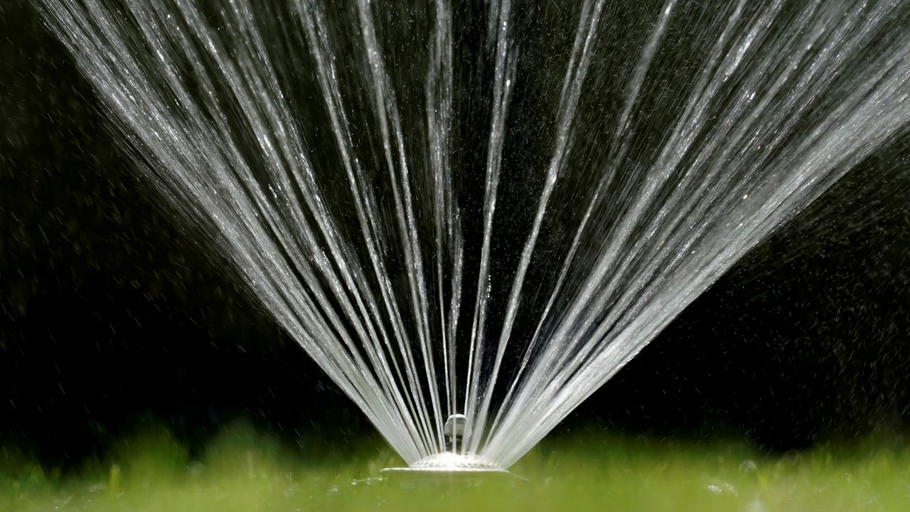 Water flies from a sprinkler on a lawn in Sacramento, Calif., Thursday, July 8, 2021.