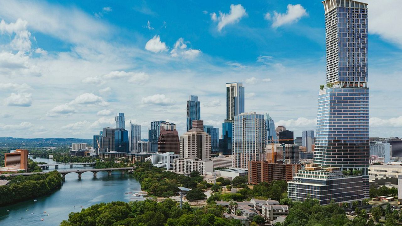 A rendering of the Waterline, a 74-story mixed-use high-rise under construction in downtown Austin. Late 2026 is its expectancy date for completion. (Atchain)