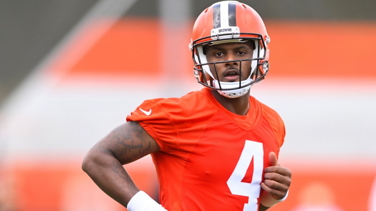 Cleveland Browns quarterback Deshaun Watson runs on the field during an NFL football practice at the team's training facility Wednesday, June 8, 2022, in Berea, Ohio. (AP Photo/David Richard, File)