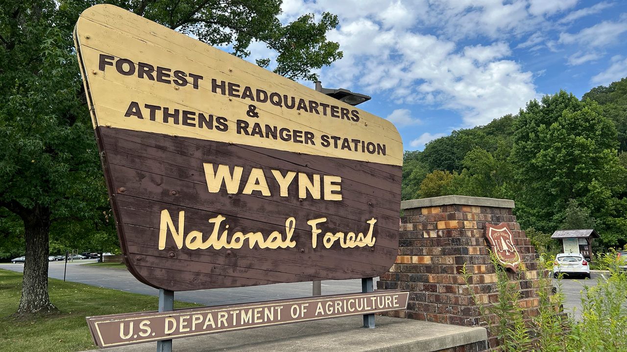 A sign outside of the Wayne National Forest headquarters is posted in Nelsonville, Ohio on Tuesday, August 29, 2023. (AP Photo/Patrick Orsagos)