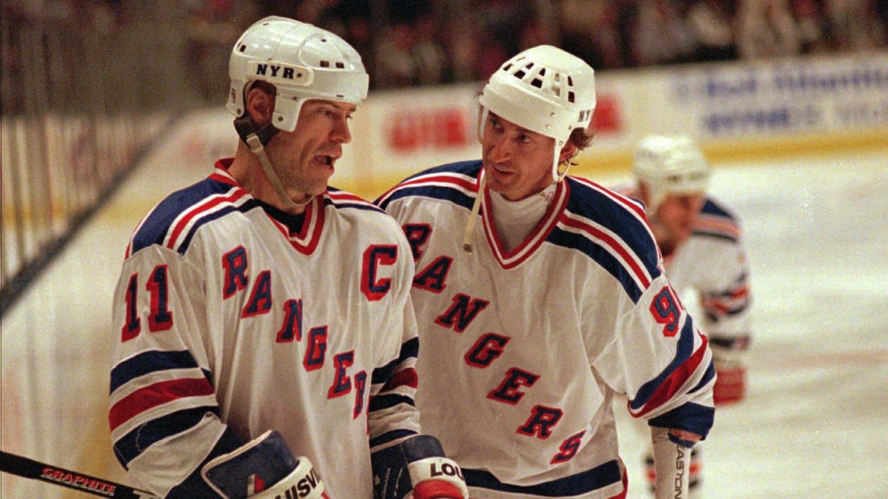 Mark Messier and Wayne Gretzky wait for a face off in New York on Tuesday, May 20, 1997.