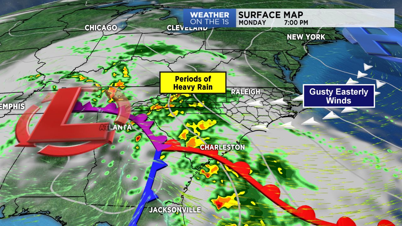 Periodic heavy rain and gusty winds for the start of the work week