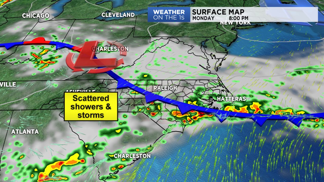 Storms move in along a cold front Monday