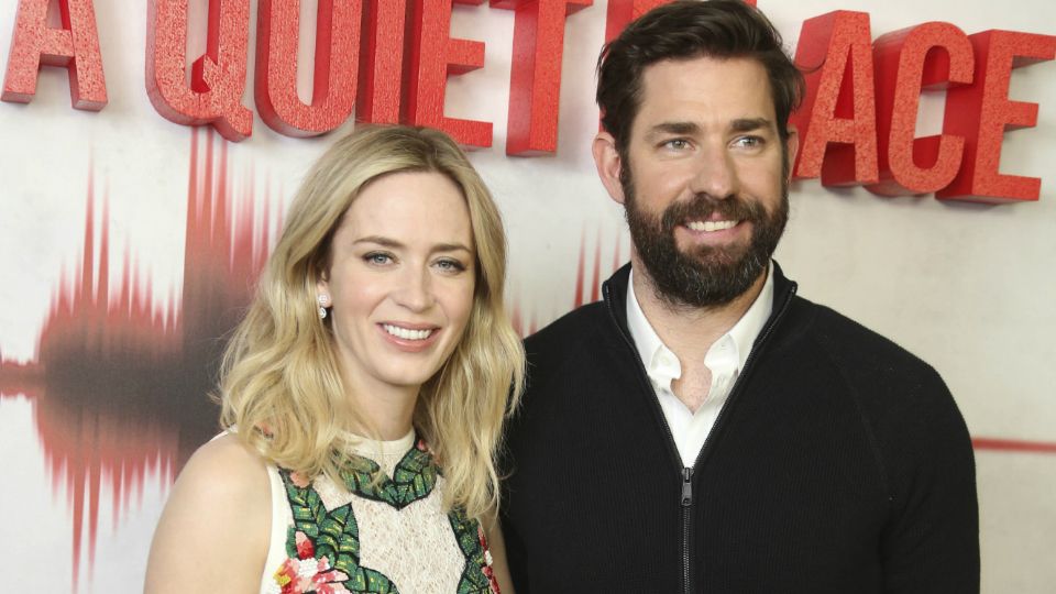Emily Blunt and Director/actor John Krasinski pose for photographs upon arrival for the UK premiere screening of A Quiet Place in central London, Thursday, April 5, 2018. 