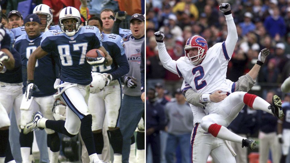 At left, in a Jan. 8, 2000, file photo, Tennessee Titans wide receiver Kevin Dyson (87) returns a kickoff with seconds remaining in the fourth quarter in an AFC wild card football game against the Buffalo Bills, in Nashville. At right, also in a Jan. 8, 2000, file photo, Buffalo Bills kicker Steve Christie (2) is lifted up by holder Chris Mohr after Christie kicked a field goal with 20 seconds remaining in the fourth quarter to put the Bills ahead of the Tennessee Titans in an AFC wild card game, in Nashville. The Bills last postseason appearance, dubbed "The Music City Miracle," ended in as deep a heartbreak as imaginable, a 22-16 loss.