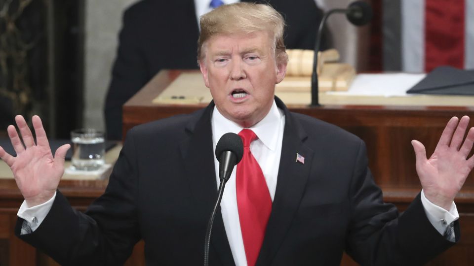 President Donald Trump delivers his State of the Union address to a joint session of Congress on Capitol Hill in Washington, as Vice President Mike Pence and Speaker of the House Nancy Pelosi, D-Calif., watch, Tuesday, Feb. 5, 2019. 